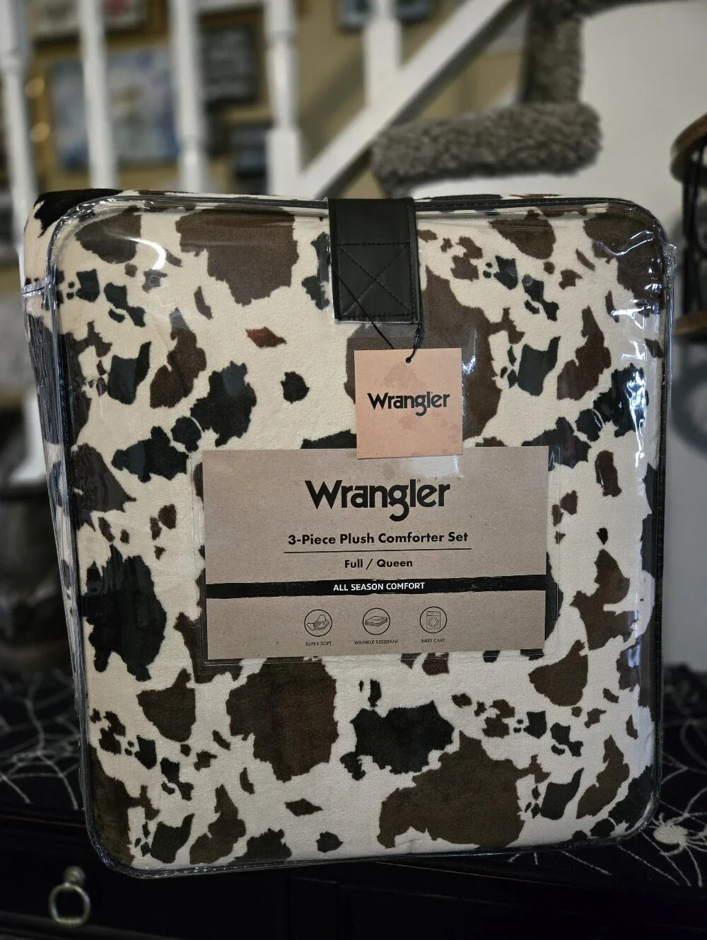 Plush Wrangler 3 Piece Comforter Set Brown & Cream Cow Print Western QUEEN